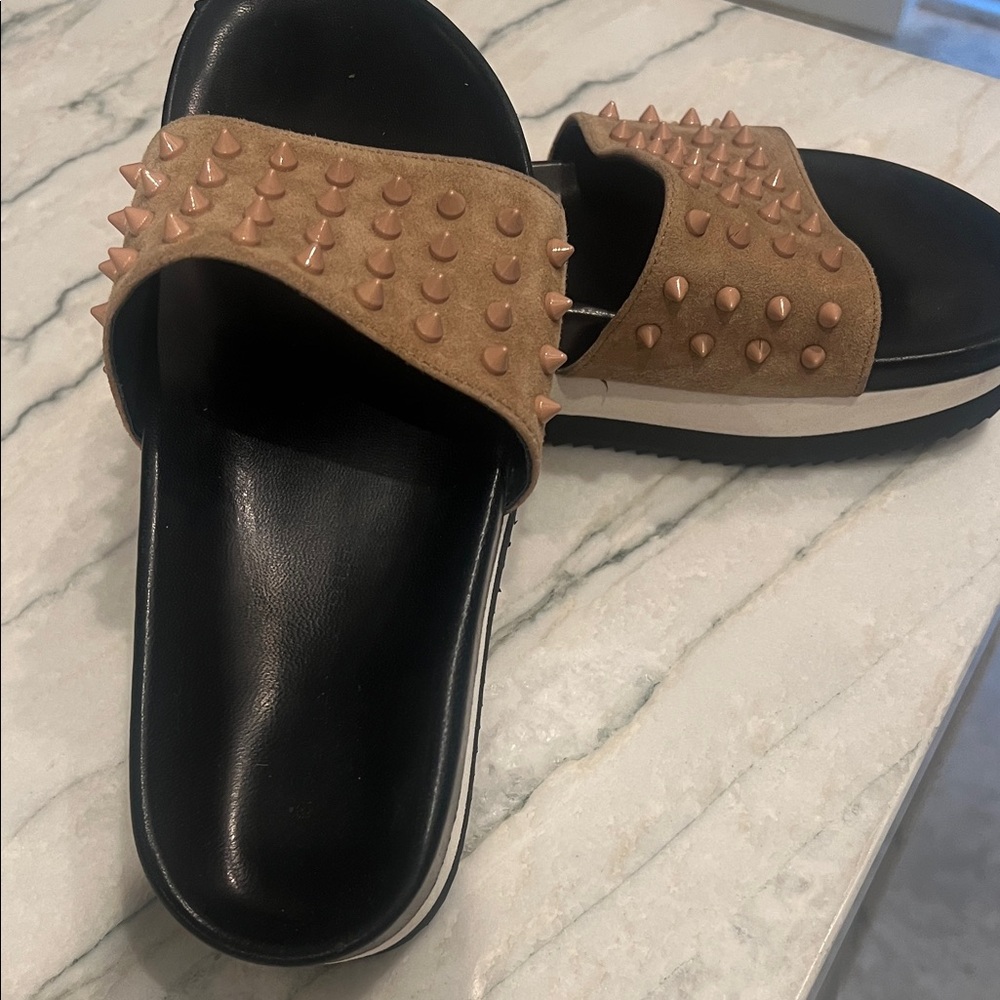 Studded Tan and Black Women's slide Sandals